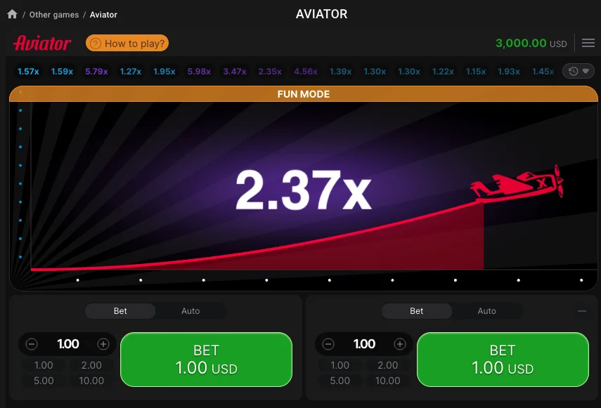Aviator crash game by Spribe with a 2.37x multiplier and two bet panels