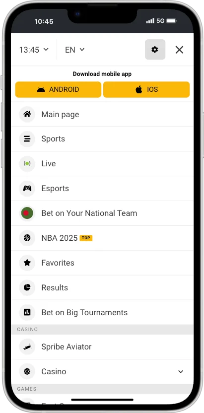 Melbet menu with app download buttons and links to the main page, sports, live, esports, favourites, results and casino