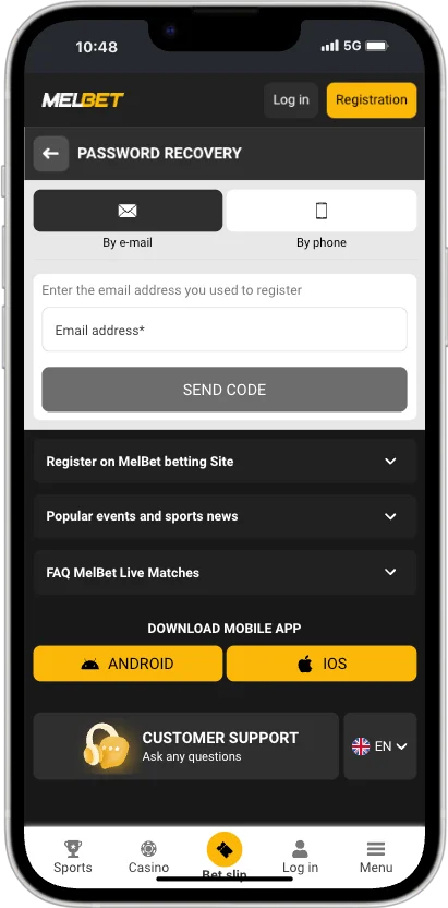 Melbet password recovery screen with By e-mail and By phone tabs and a Send code button