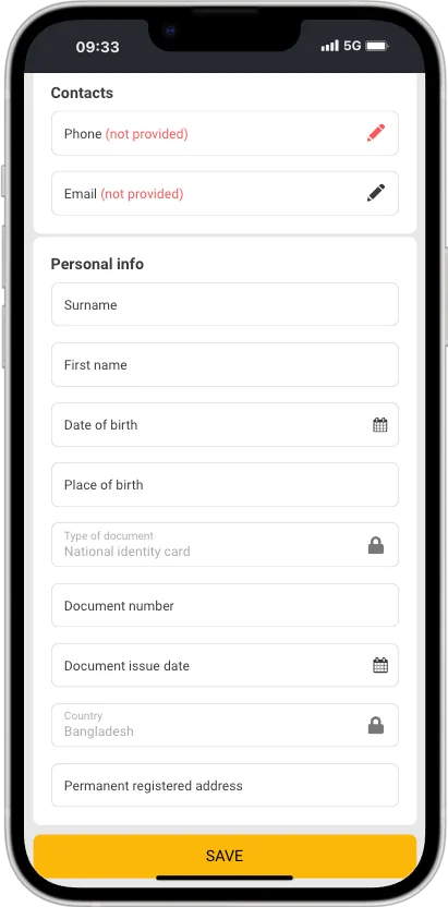 Melbet profile form with contacts, name, date and place of birth, document type, document number and address fields