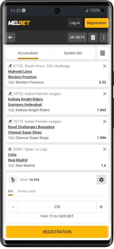 Melbet bet slip with an accumulator of four selections and the combined odds