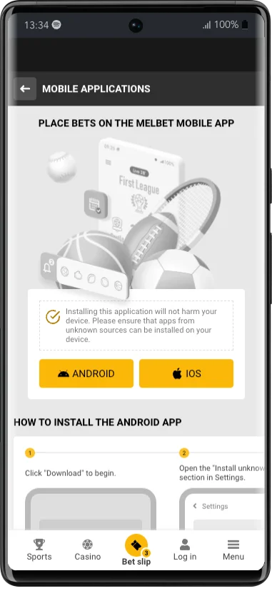 Melbet Mobile applications page with Android and iOS download buttons and Android install instructions