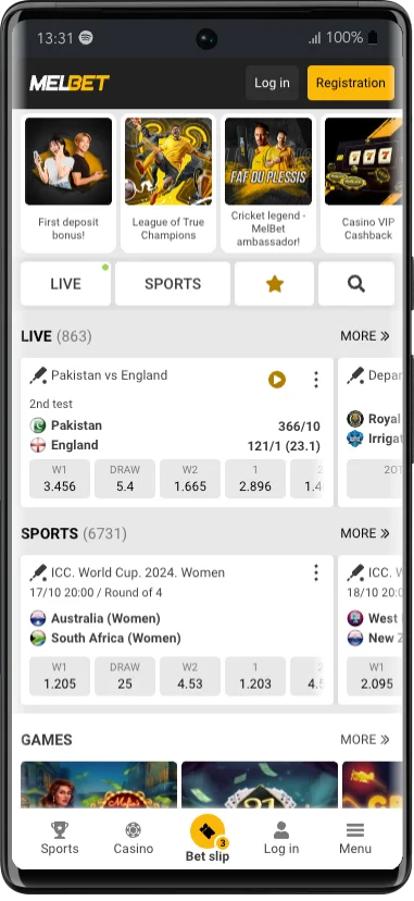 Melbet mobile sportsbook with Live and Sports tabs showing event counts and odds