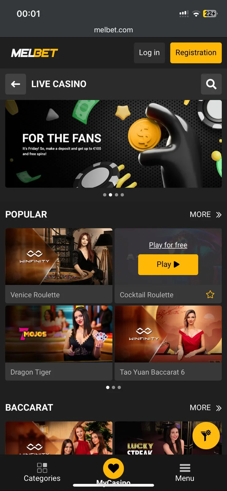 Melbet app live casino lobby with popular roulette and baccarat tables