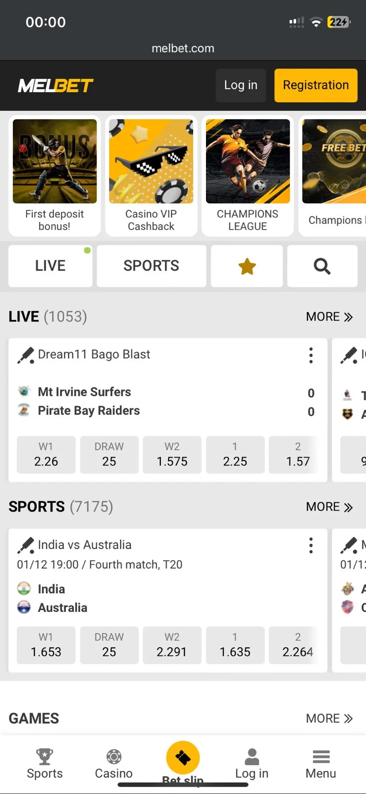 Melbet app home screen with featured promotions, Live and Sports tabs and live events with odds