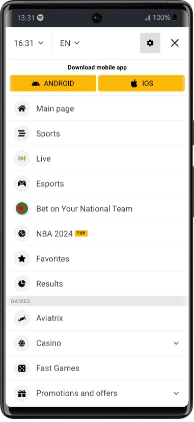 Melbet mobile menu with Download mobile app buttons for Android and iOS at the top