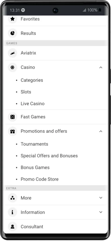 Melbet app menu with casino, fast games, promotions and information sections
