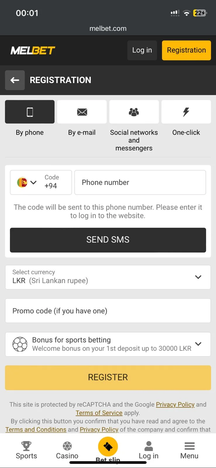 Melbet registration By phone tab with country code, phone number field and Send SMS button