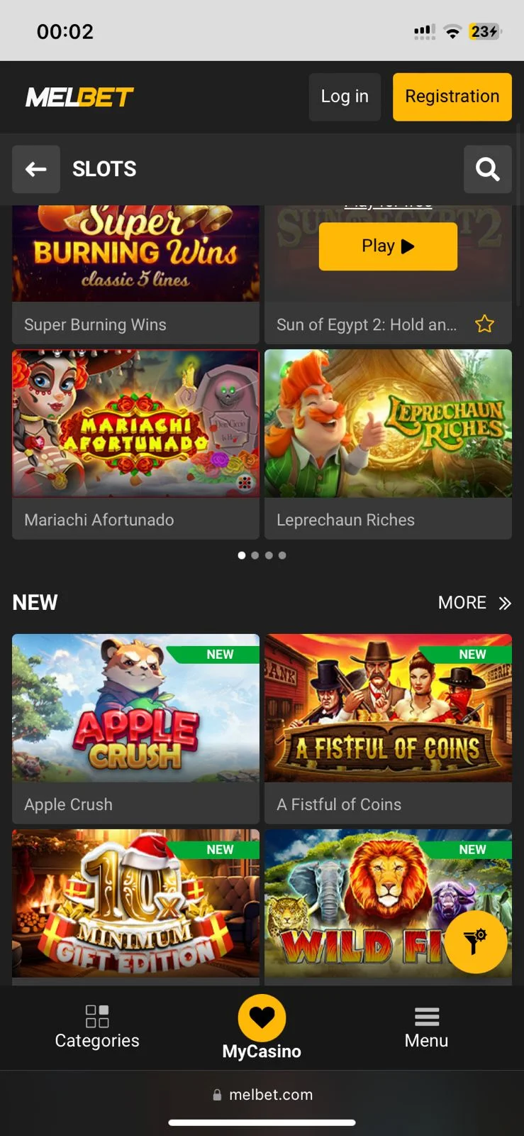 Melbet slots lobby with featured and new slot games