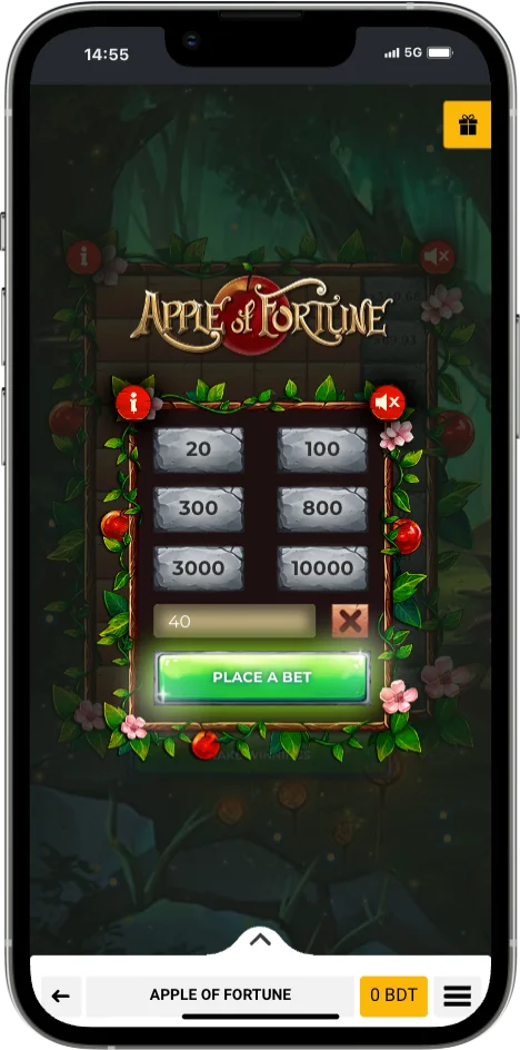 Apple of Fortune fast game with stake buttons and a Place a bet button