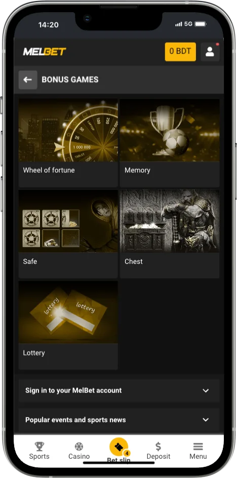 Melbet bonus games section with Wheel of fortune, Memory, Safe, Chest and Lottery