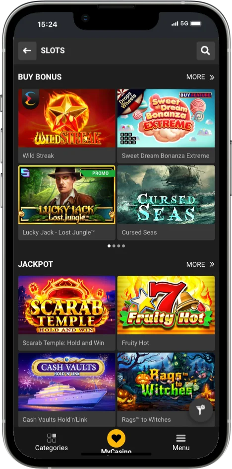 Melbet slots lobby with Buy Bonus and Jackpot sections