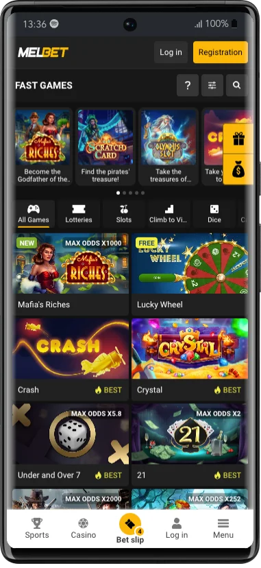 Melbet Fast Games lobby with game categories and titles such as Crash and Lucky Wheel