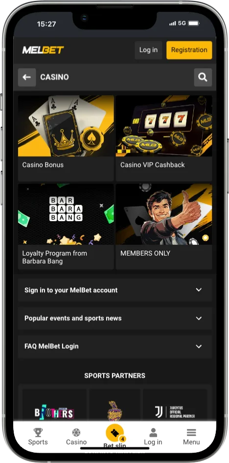 Melbet casino lobby with casino bonus, VIP cashback and loyalty program tiles