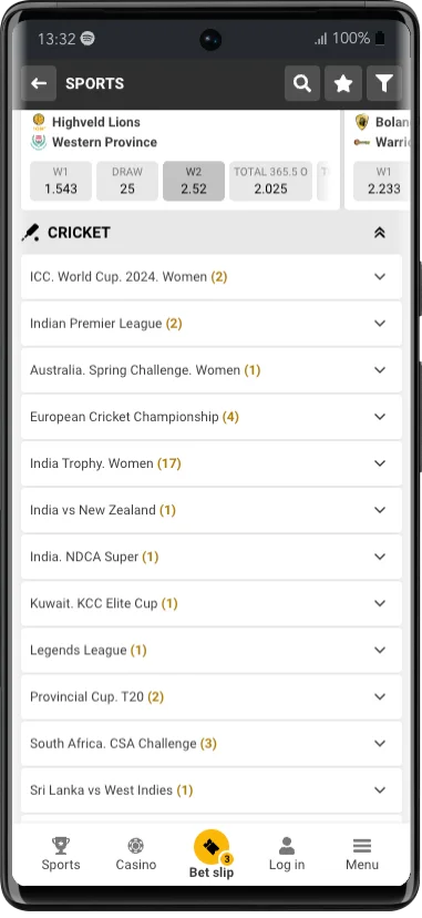 Melbet sports menu open on cricket with a list of competitions and the number of events in each
