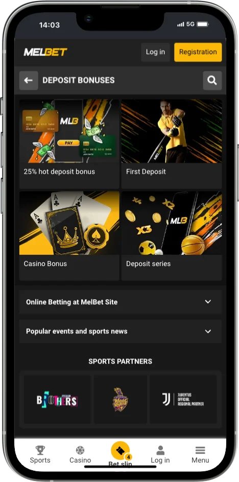 Melbet deposit bonuses page with 25% hot deposit bonus, first deposit, casino bonus and deposit series offers