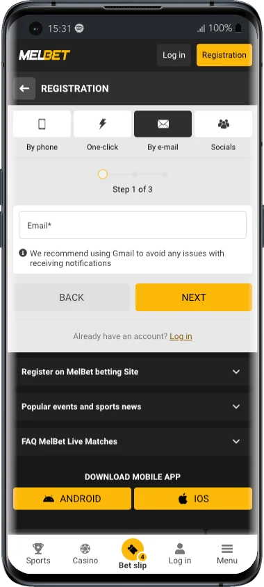 Melbet registration form on the By e-mail tab at step 1 of 3, asking for an e-mail address