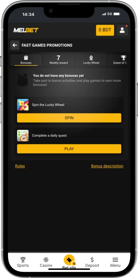Melbet Fast Games promotions screen with Spin the Lucky Wheel and daily quest buttons