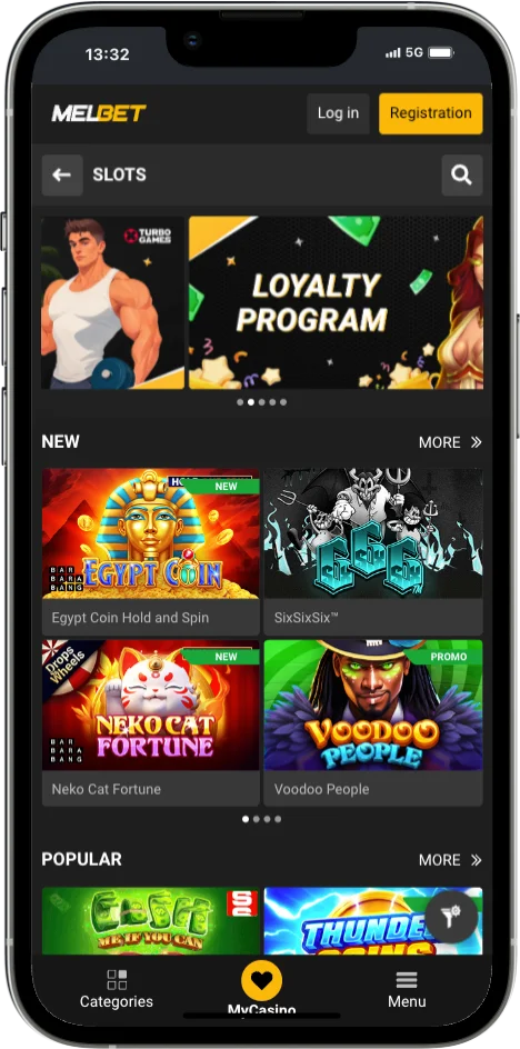 Melbet slots lobby on iPhone with a loyalty program banner, new and popular slots