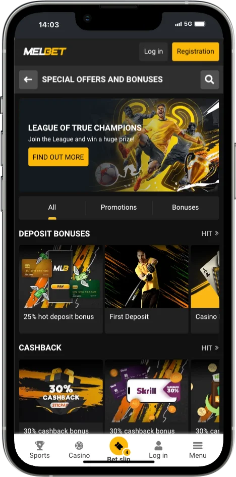 Melbet special offers and bonuses page on iPhone with deposit bonuses and cashback offers