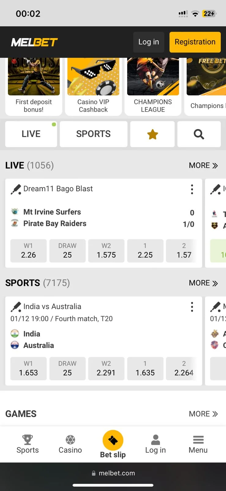 Melbet live section listing in-play matches with current odds