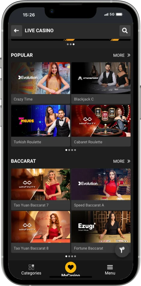Melbet live casino lobby with popular roulette and blackjack tables and a baccarat section