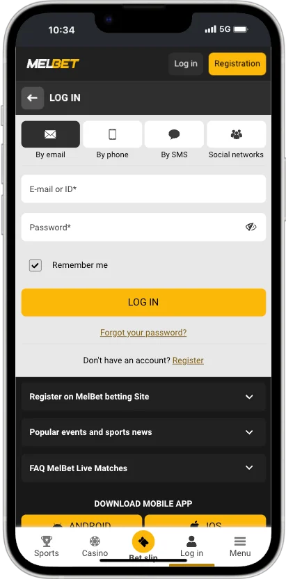 Melbet login screen with By email, By phone, By SMS and Social networks tabs and the e-mail or ID and password fields