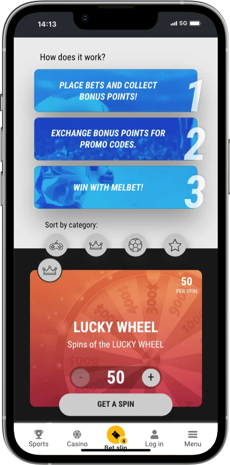 Melbet Lucky Wheel screen explaining how bonus points work with a Get a spin button