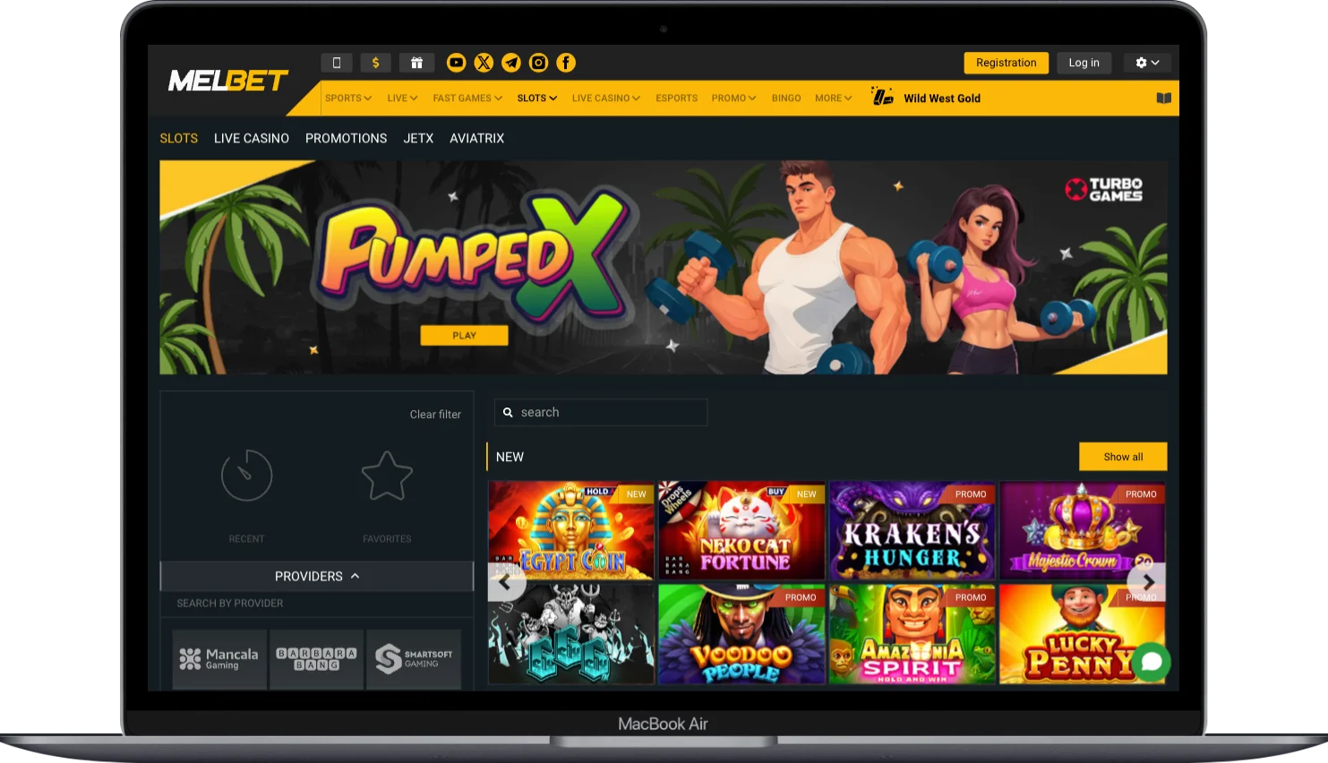 Melbet website open in a browser on a MacBook showing the casino lobby