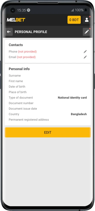 Melbet personal profile with contact details, personal info and an Edit button