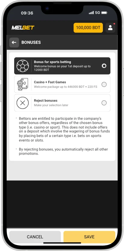 Melbet bonus choice screen with Bonus for sports betting, Casino + Fast Games and Reject bonuses options