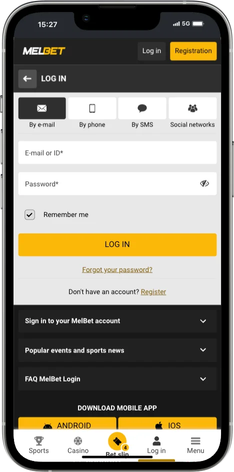 Melbet mobile registration on the By e-mail tab at step 1 of 3