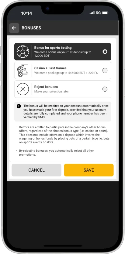 Melbet bonus selection with Bonus for sports betting selected, Casino + Fast Games and Reject bonuses options