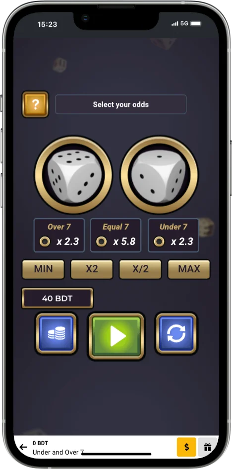Under and Over 7 dice game with Over 7, Equal 7 and Under 7 odds