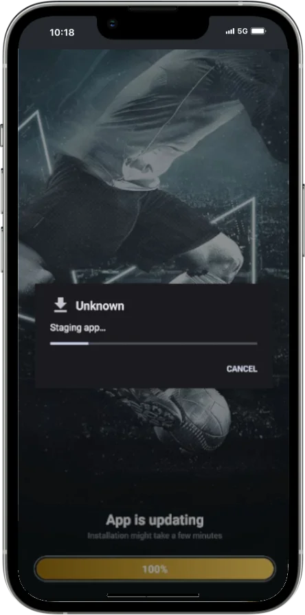 Melbet app showing an App is updating screen while a new version downloads
